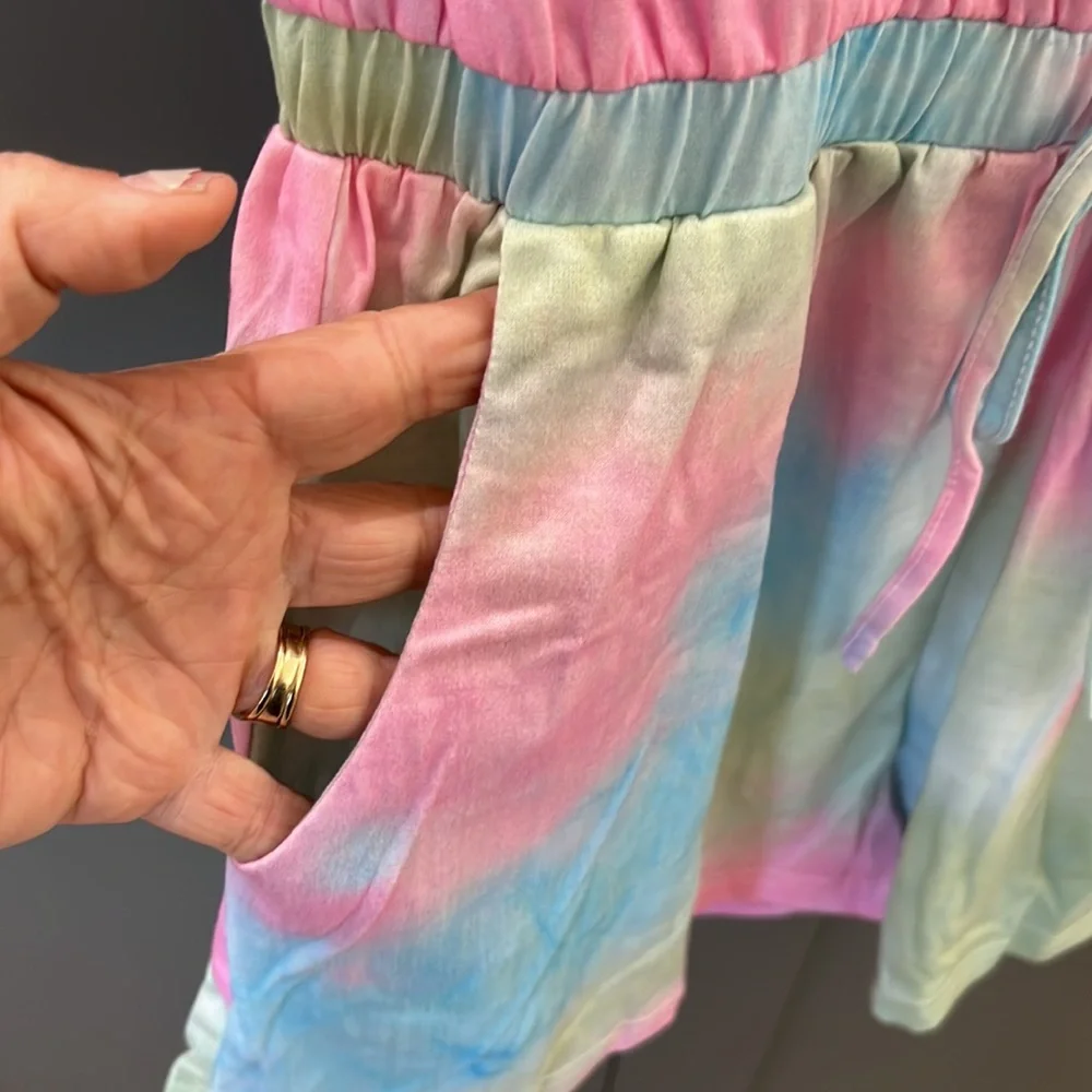 NWOT Pink/Green/BlueTie DyeRomper w/ Elastic Waistband,Pockets&KeyholeBack - Picture 5 of 7